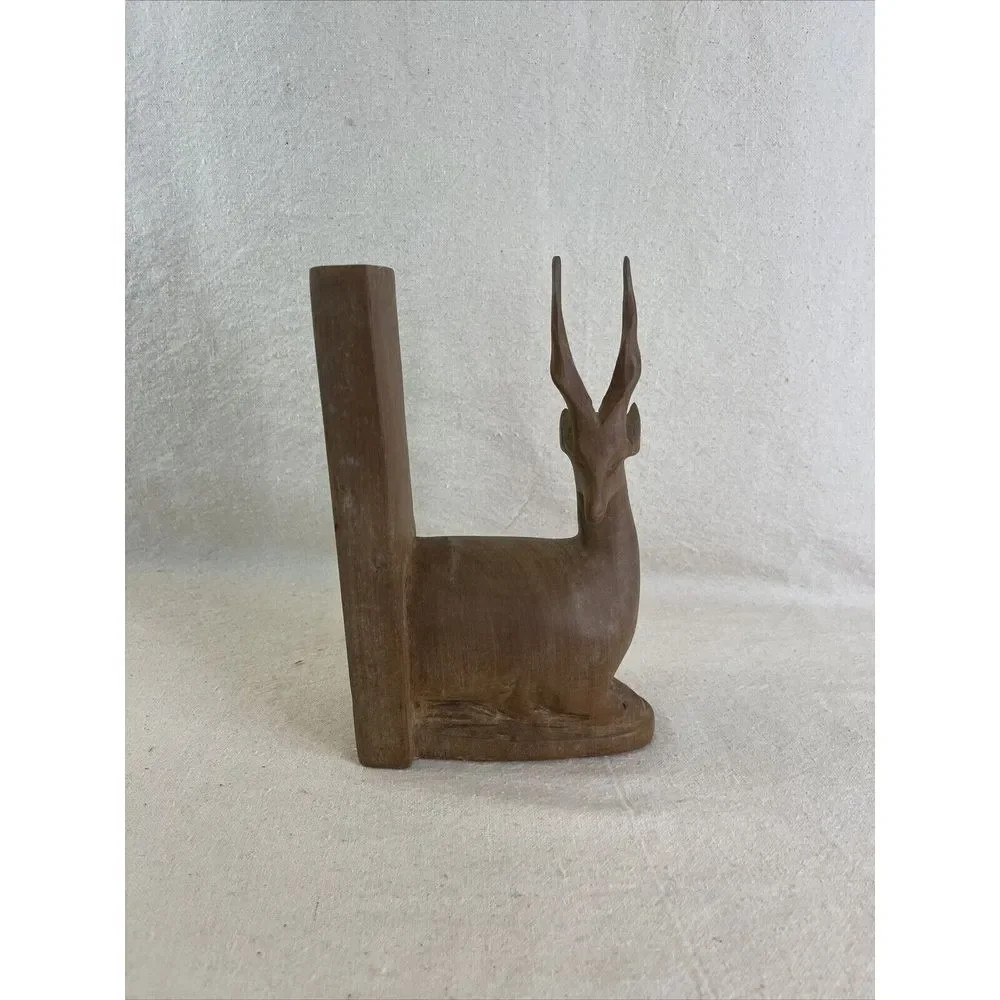 Mid-Century Decor Wood Deer Bookend (1) Hand Carved Antelope Gazelle Heavy Solid